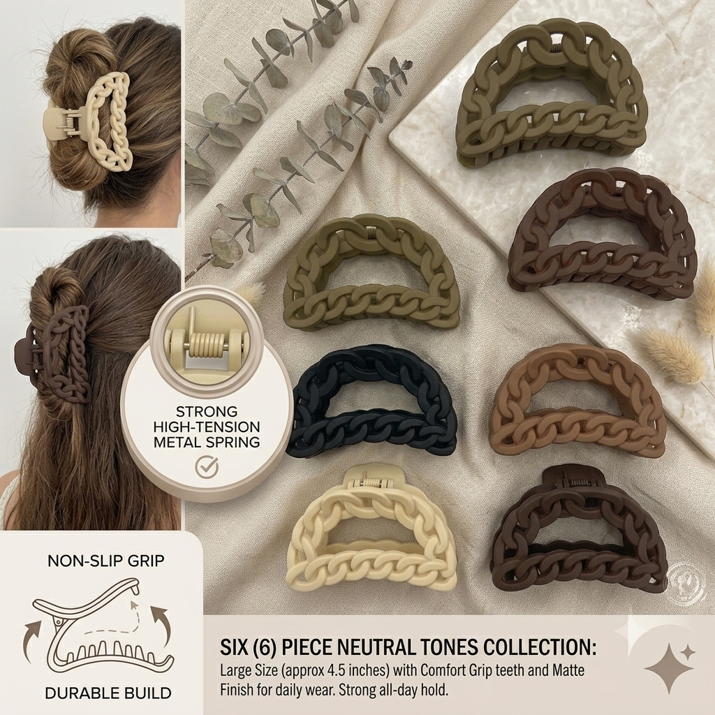 Matte Chain Link Hair Claw Clips Set - 6 Pack Large 4.5 Inch Non-Slip Neutral Tone Jaw Clips for Thick Thin Hair, Strong Hold Fashion Hair Accessories for Women