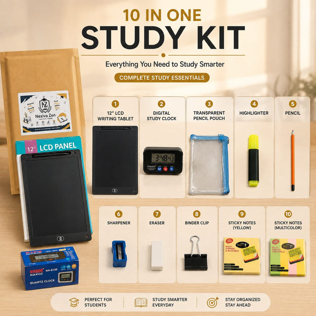 Nexiva Zen 10-in-1 Study Kit with 12″ LCD Writing Tablet & Digital Clock