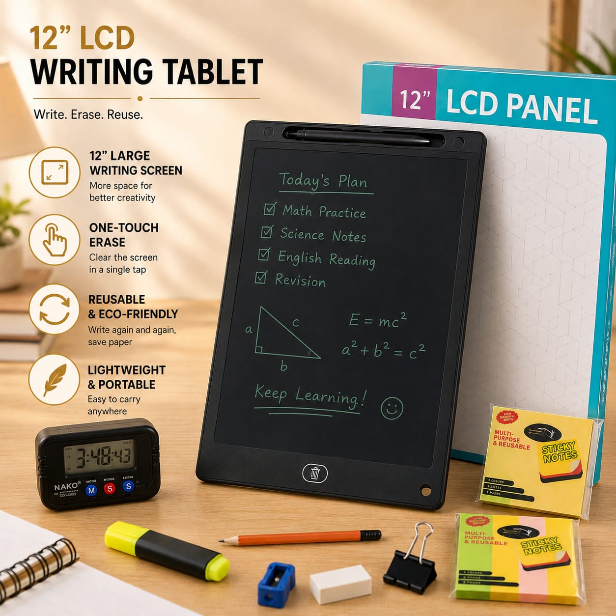 Nexiva Zen 10-in-1 Study Kit with 12″ LCD Writing Tablet & Digital Clock
