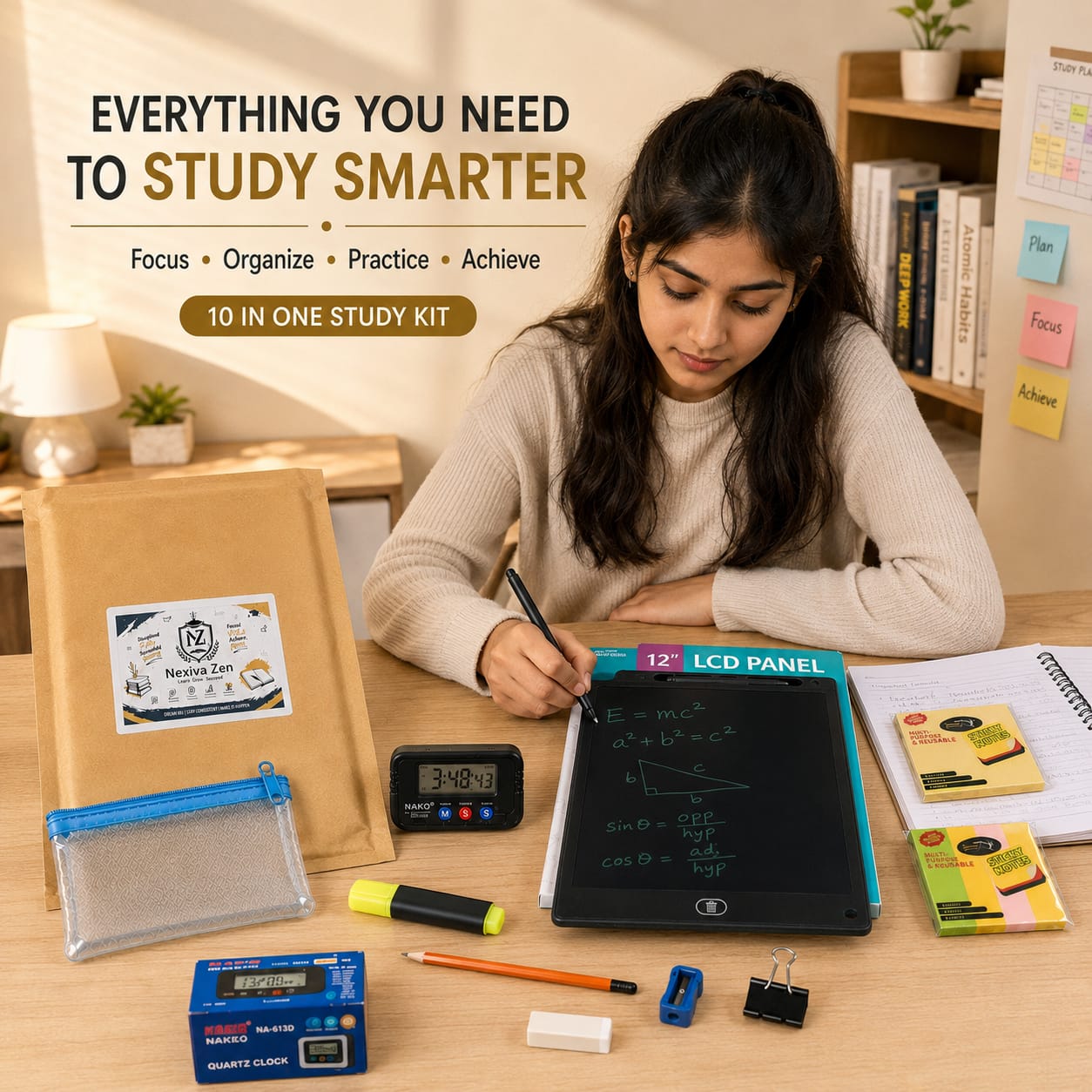 Nexiva Zen 10-in-1 Study Kit with 12″ LCD Writing Tablet & Digital Clock