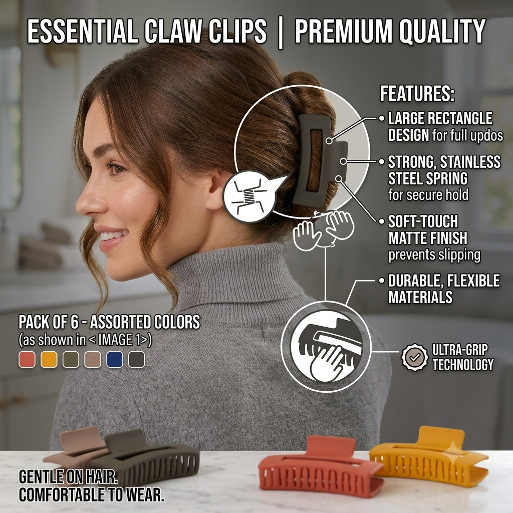 Large Matte Rectangle Hair Claw Clips (6-Piece Set)