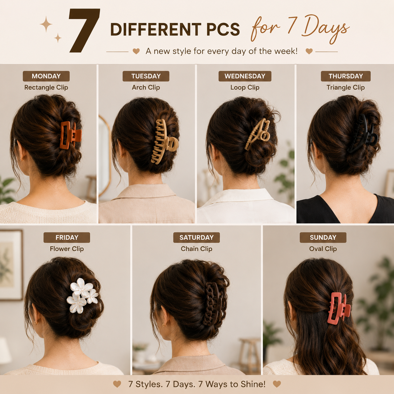 Trendy Matte Hair Clips Set 7 Pcs Combo - Large Hair Clutches for Women
