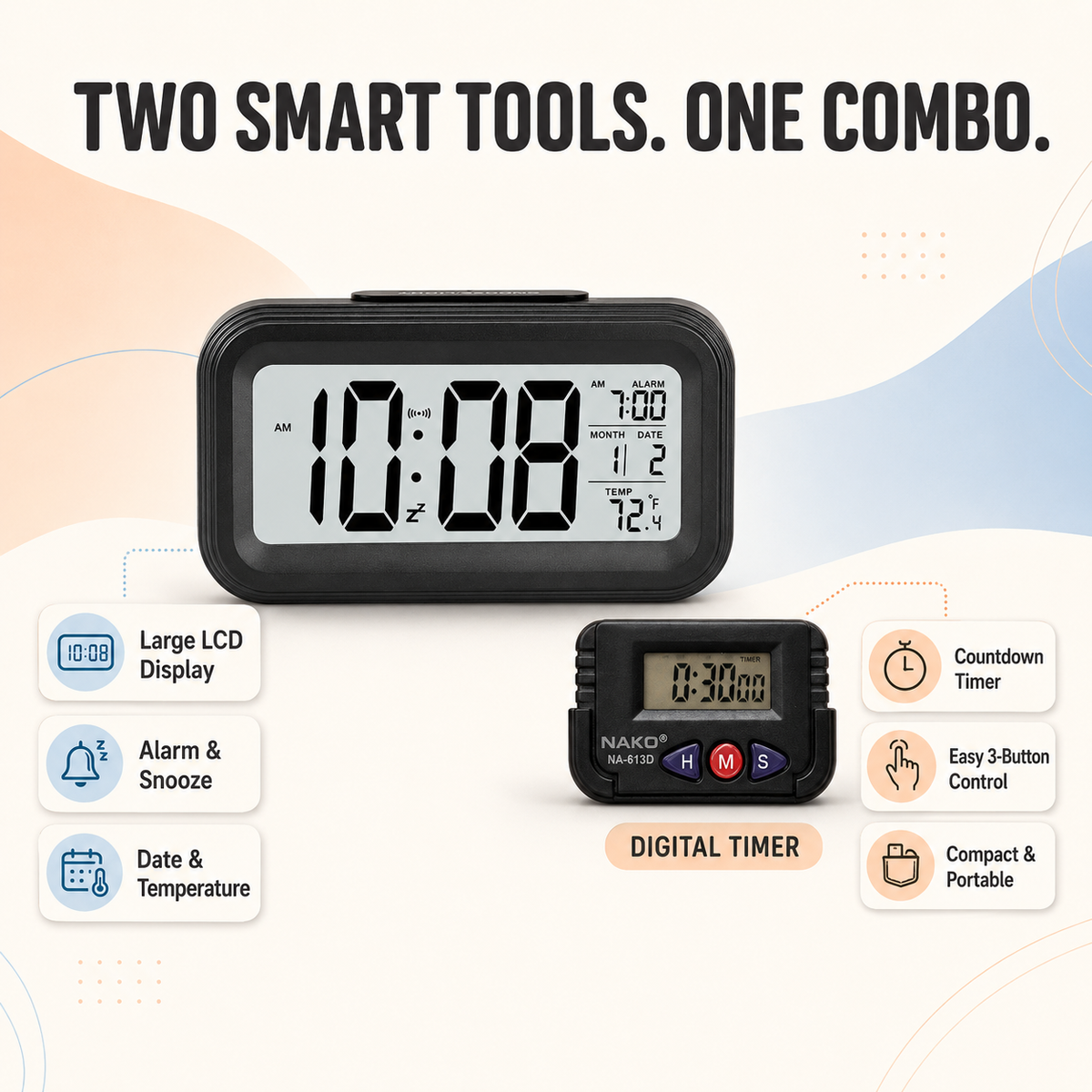2-in-1 Digital Table Clock & Mini Timer Combo with Alarm, Date, Temperature & Snooze | Nexiva Zen