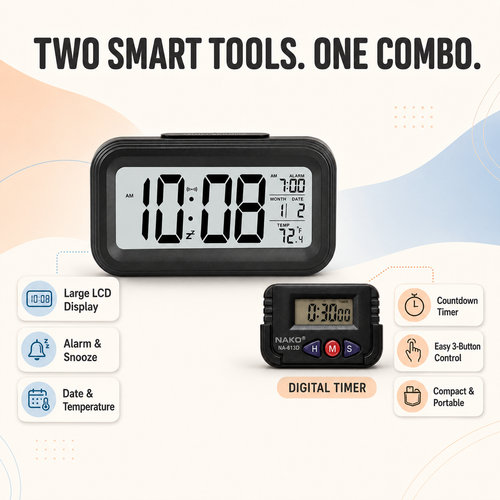 2-in-1 Digital Table Clock & Mini Timer Combo with Alarm, Date, Temperature & Snooze | Nexiva Zen