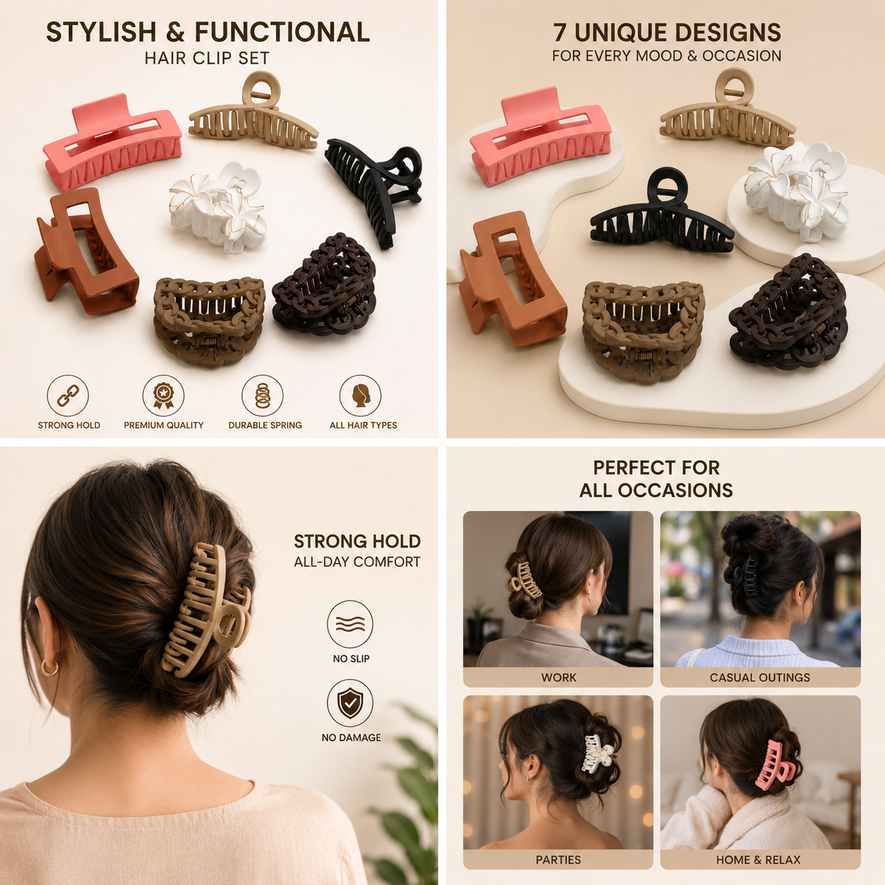 Trendy Matte Hair Clips Set 7 Pcs Combo - Large Hair Clutches for Women