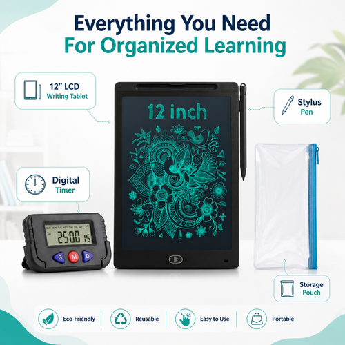 Digital LCD Writing Pad 12 inch Combo with , Stopwatch Timer & Storage Pouch