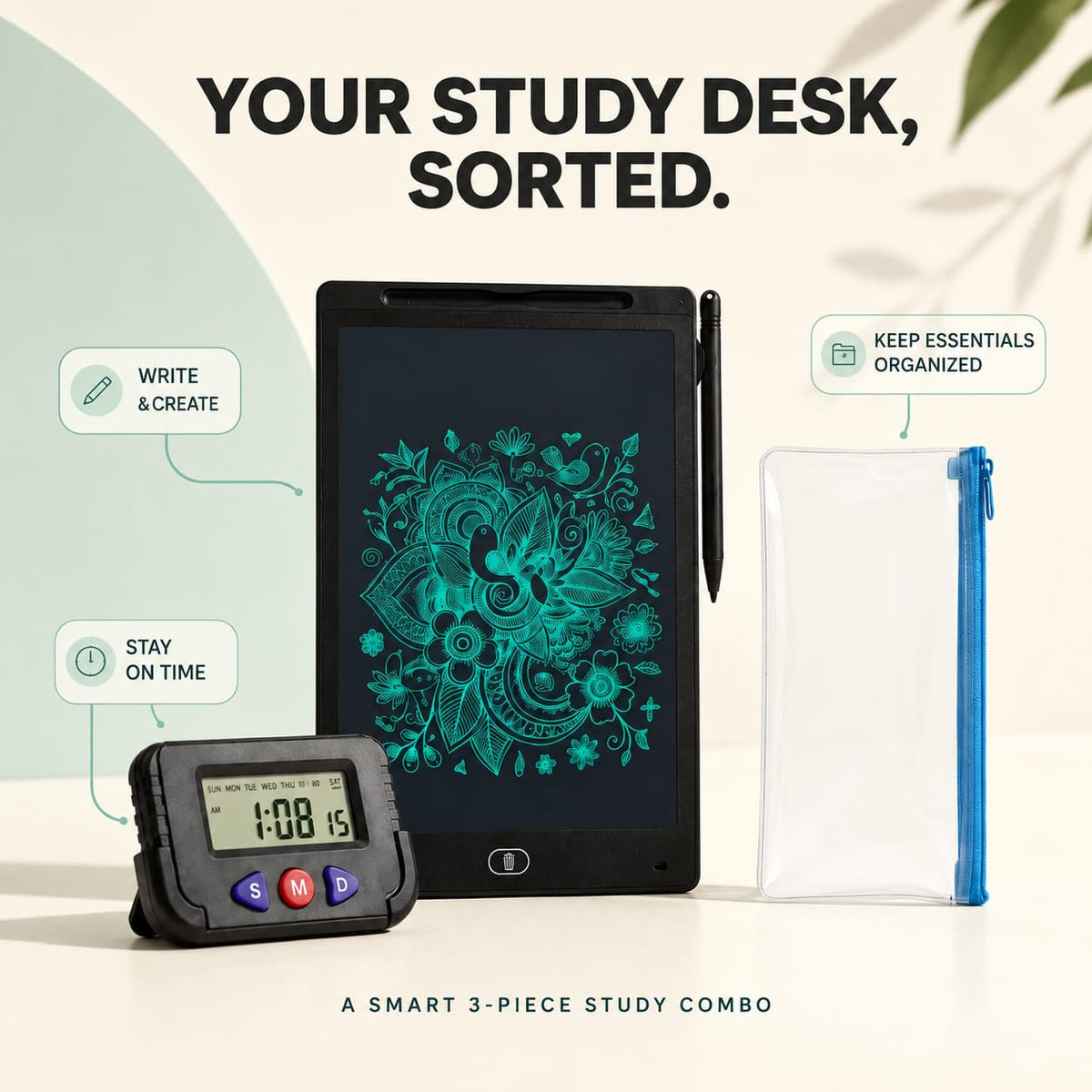12″ LCD Tablet, Clock & Storage Pouch Combo