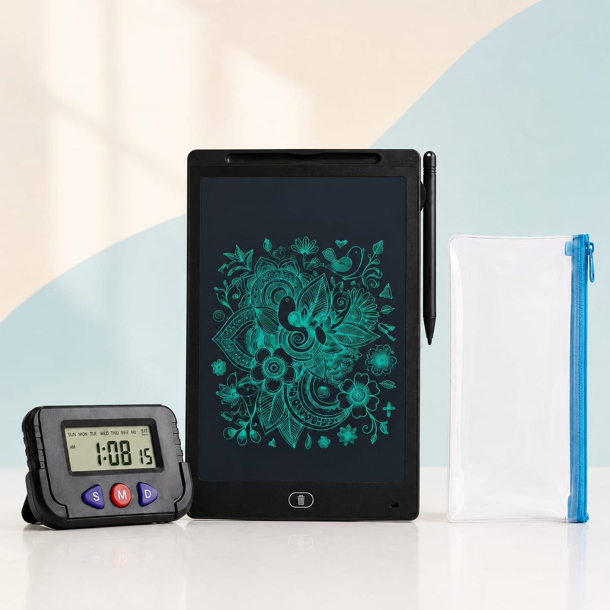 12″ LCD Tablet, Clock & Storage Pouch Combo