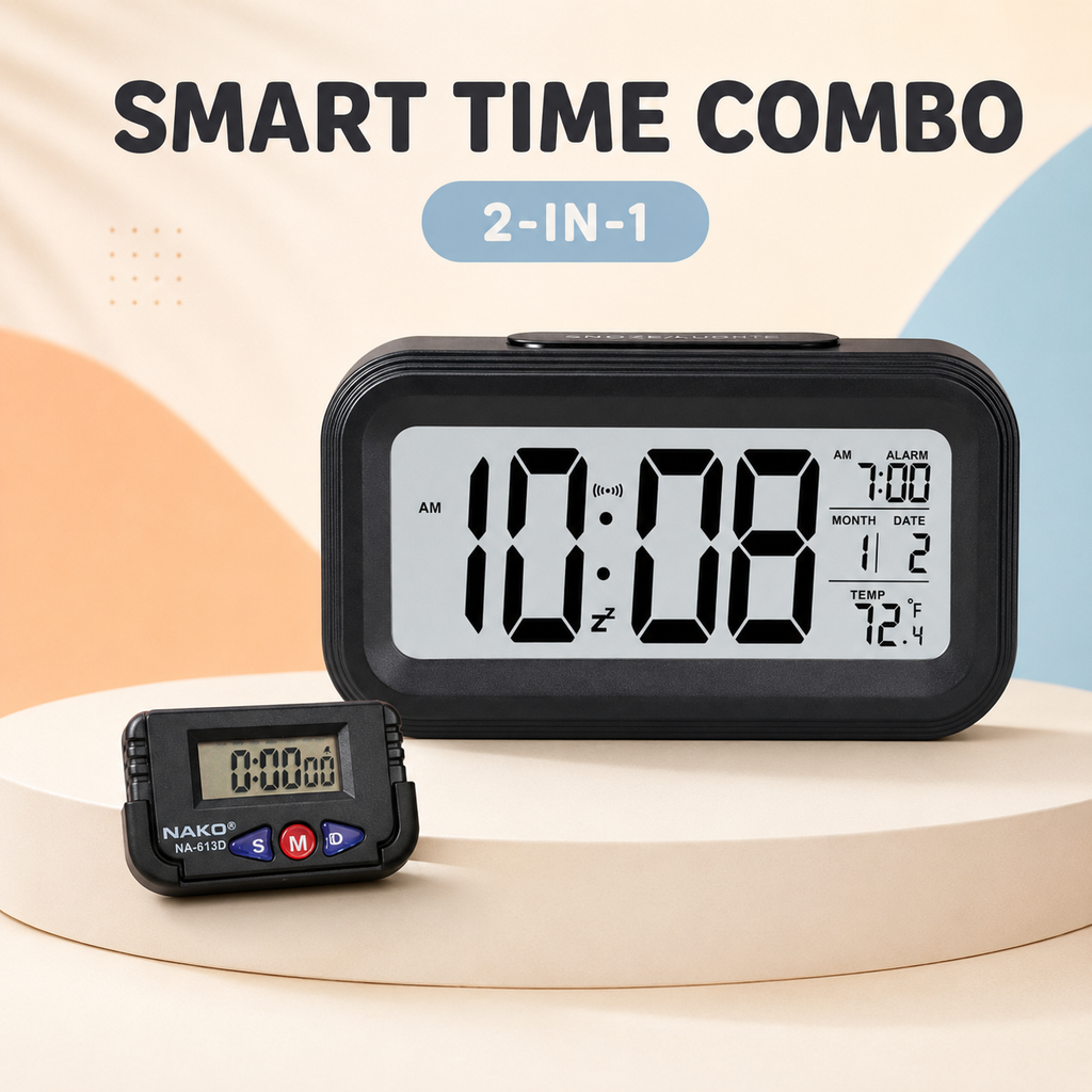 2-in-1 Digital Table Clock & Mini Timer Combo with Alarm, Date, Temperature & Snooze | Nexiva Zen