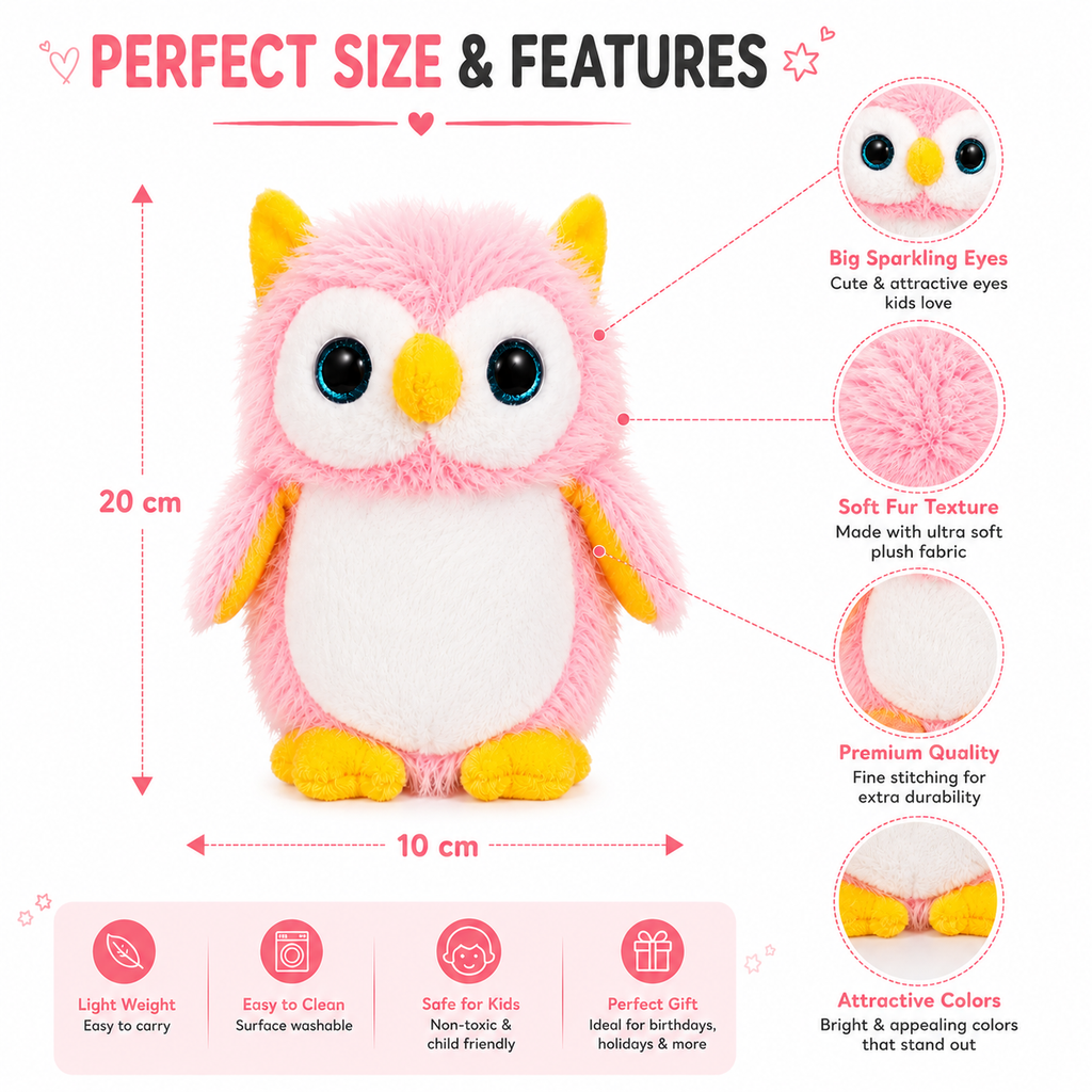 Cute Pink Owl Plush Toy - 20cm Ultra Soft Stuffed Animal for Kids
