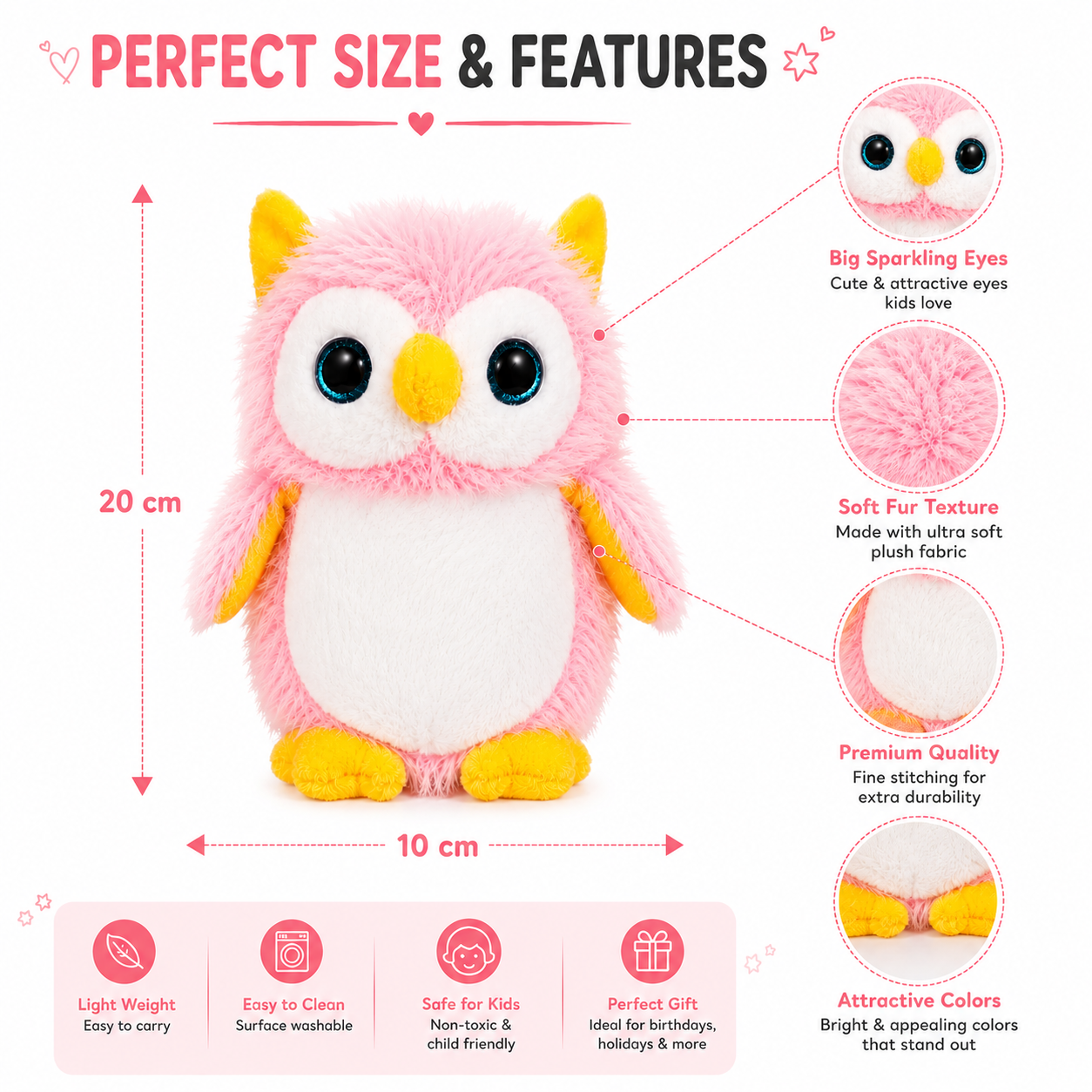 Cute Pink Owl Plush Toy - 20cm Ultra Soft Stuffed Animal for Kids