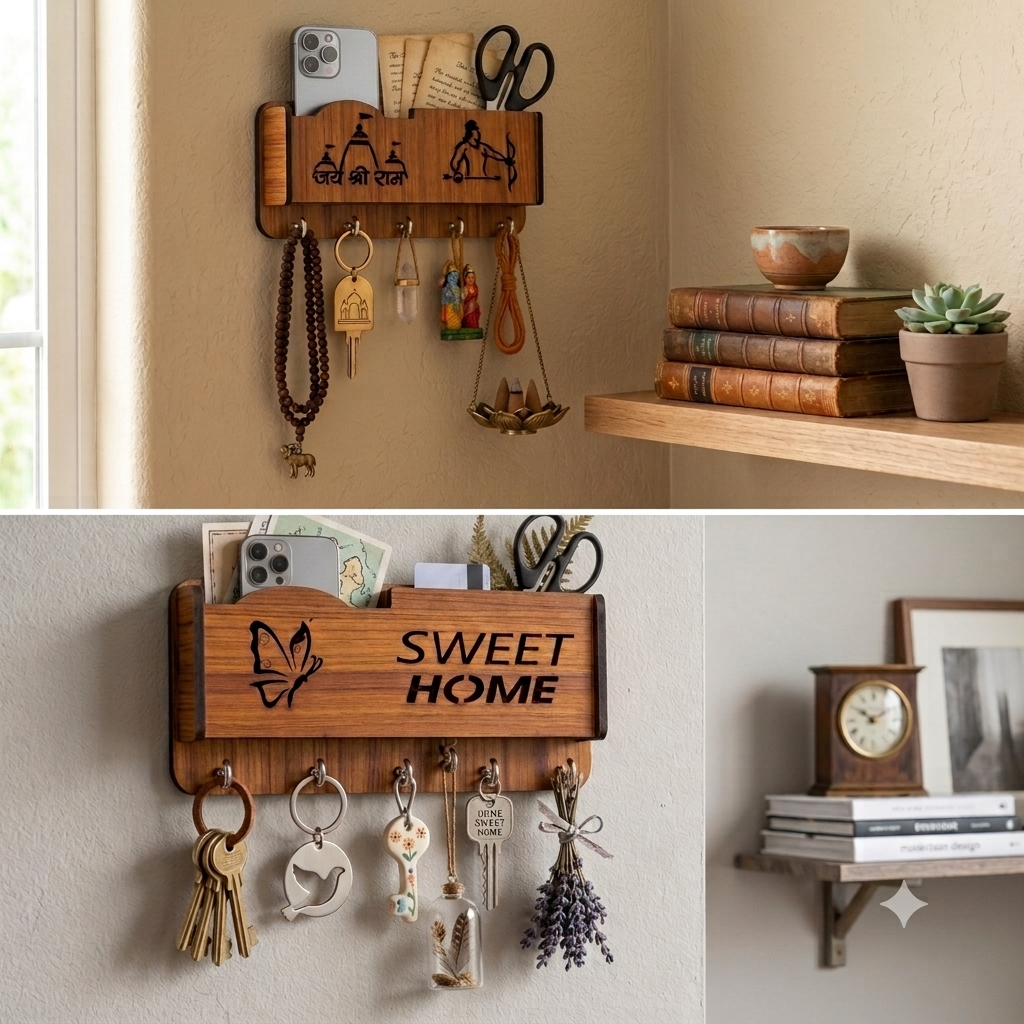 Wooden Key Holder for Wall with Mobile Pocket & Organizer | Wall Hanging Key Stand | Wooden Home Decor & Office Key Hanger with 5 Hooks