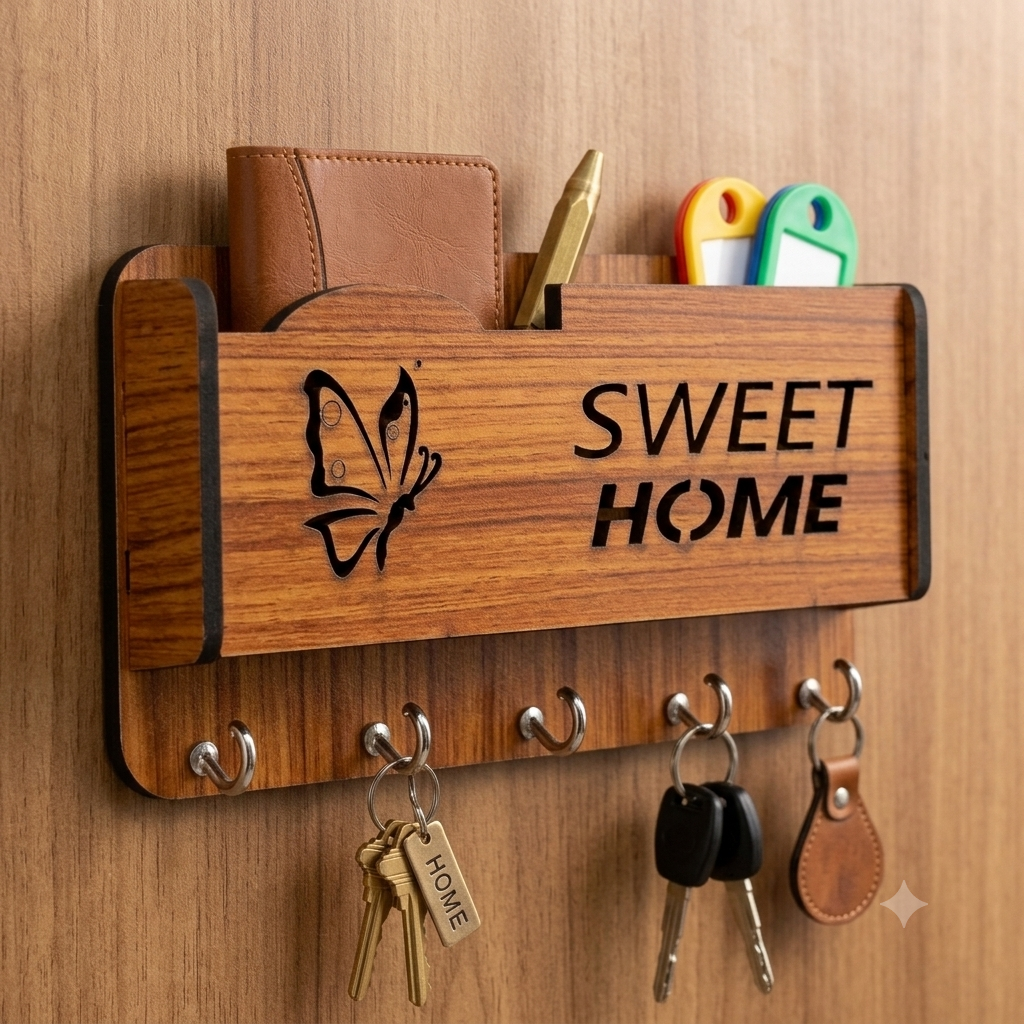 Wooden Key Holder for Wall with Mobile Pocket & Organizer | Wall Hanging Key Stand | Wooden Home Decor & Office Key Hanger with 5 Hooks
