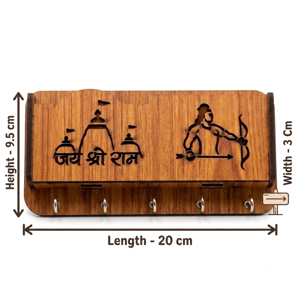 Wooden Key Holder for Wall with Mobile Pocket & Organizer | Wall Hanging Key Stand | Wooden Home Decor & Office Key Hanger with 5 Hooks