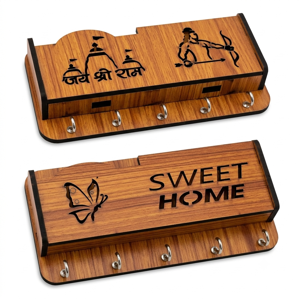 Wooden Key Holder for Wall with Mobile Pocket & Organizer | Wall Hanging Key Stand | Wooden Home Decor & Office Key Hanger with 5 Hooks